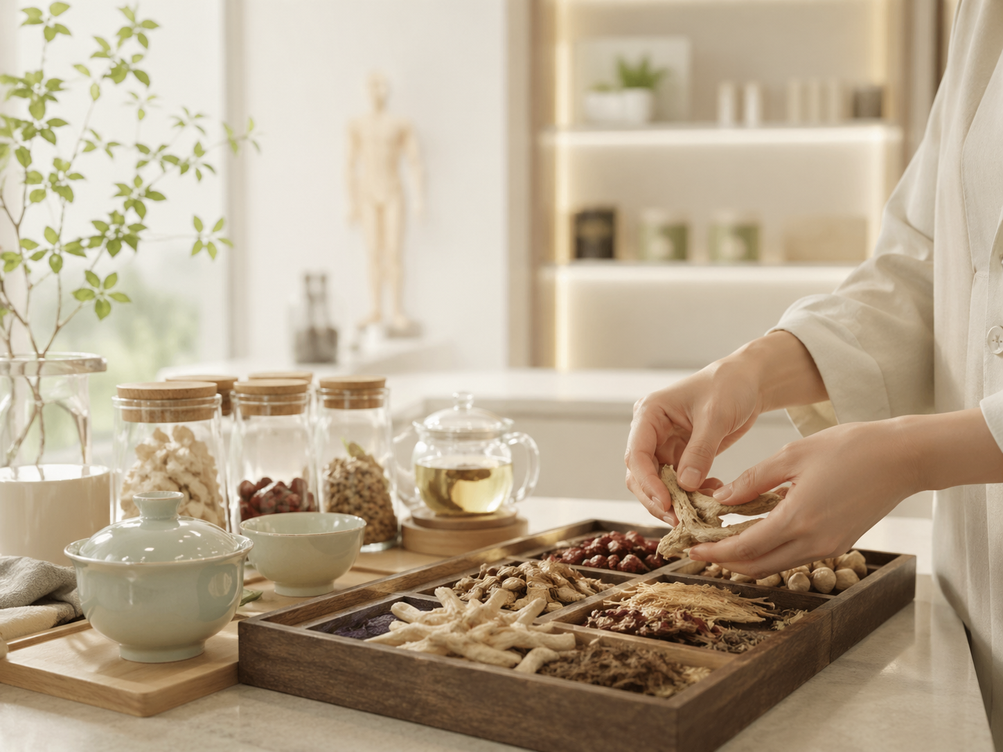 Traditional Chinese medicine herbal preparation in a bright clinic setting